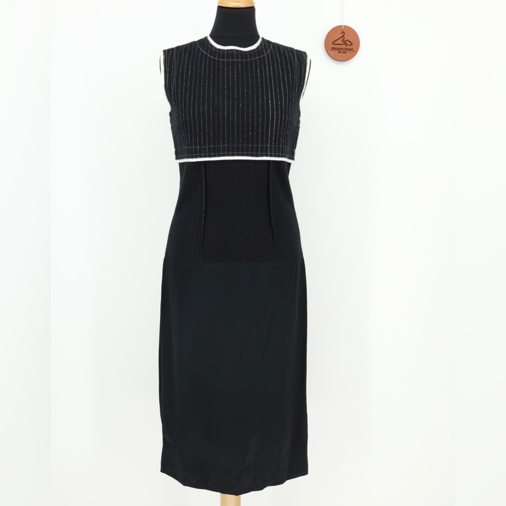 DKNY Pinstriped Tiered Sleeveless Wool Blend Dress